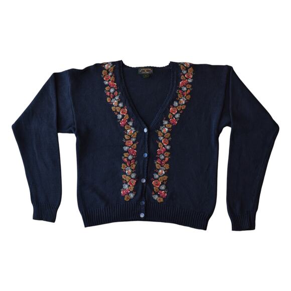 Vintage 80s Navy Blue Knit Cardigan Sweater with Floral Embroidery - Size Small - Picture 1 of 5